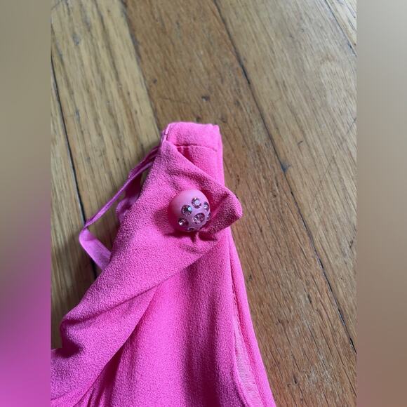 60s Vintage Hot Pink Crepe Dress Swing Dress w High Neckline - Picture 3 of 9